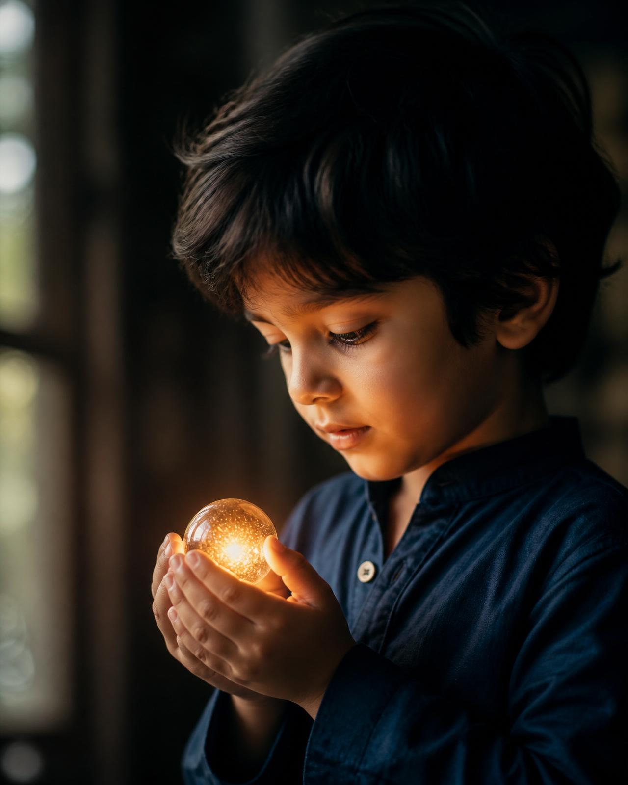 A young child cradling a glowing sphere — wonder in the foundational years