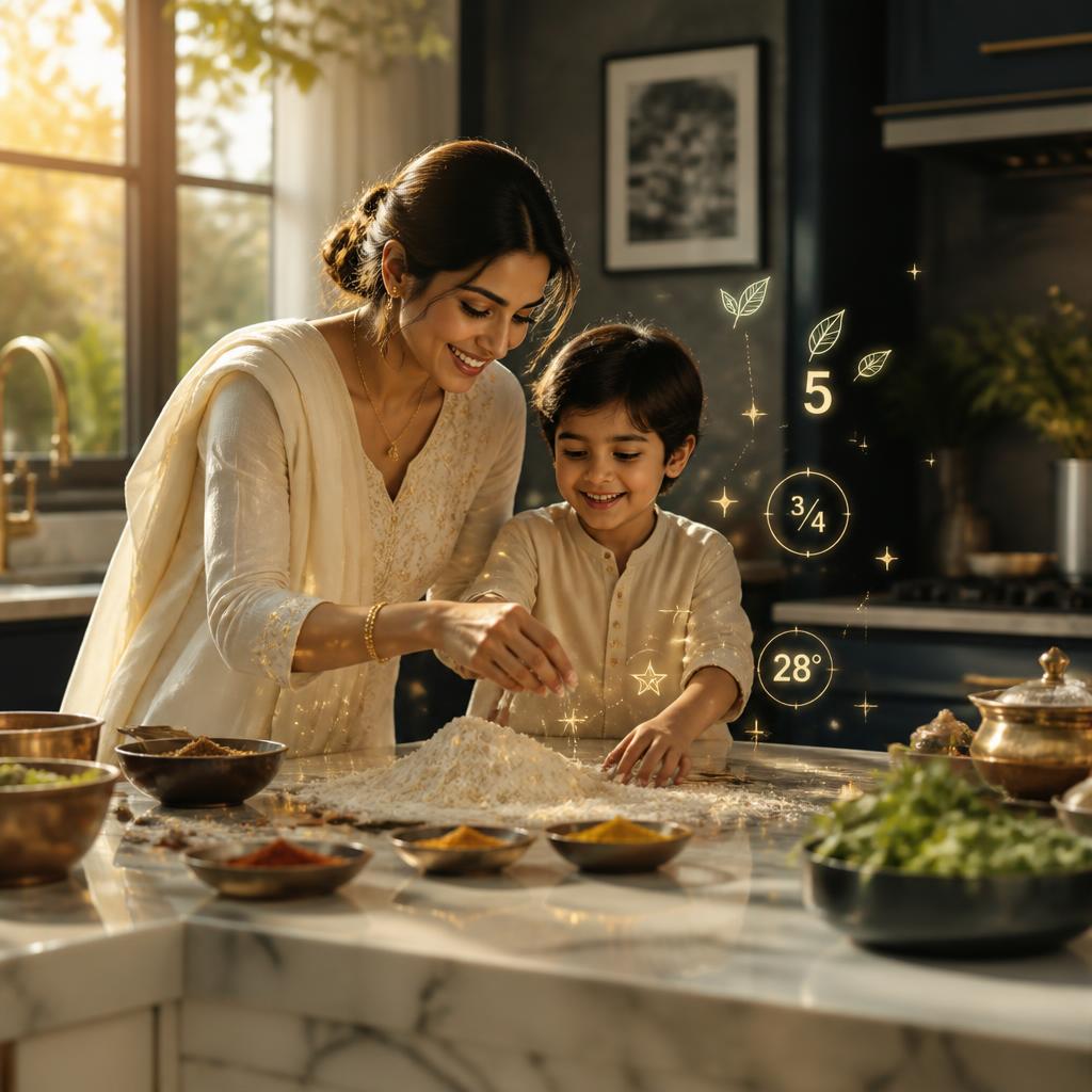 Mother and child baking together at home