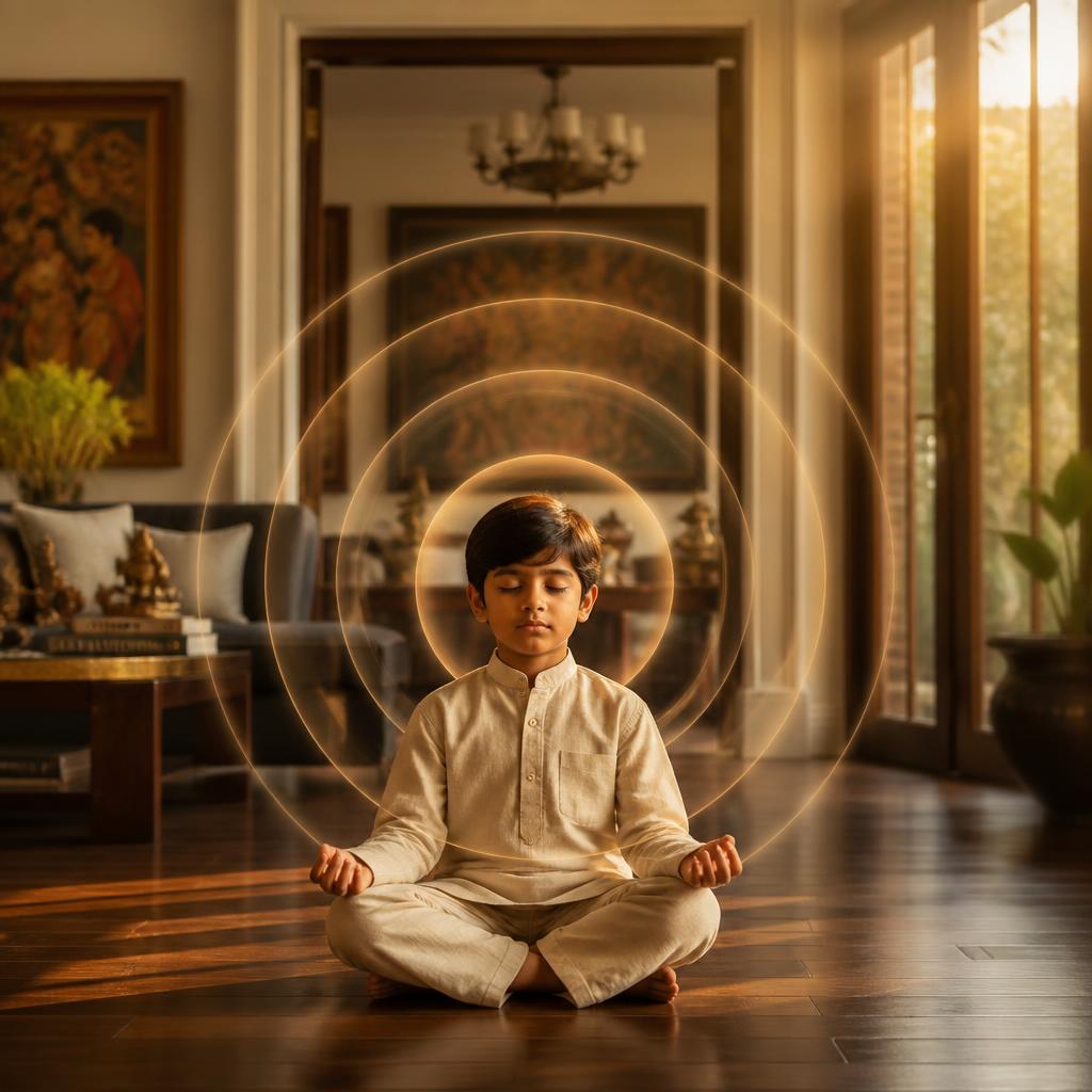 A young girl in a calm yoga pose at sunrise