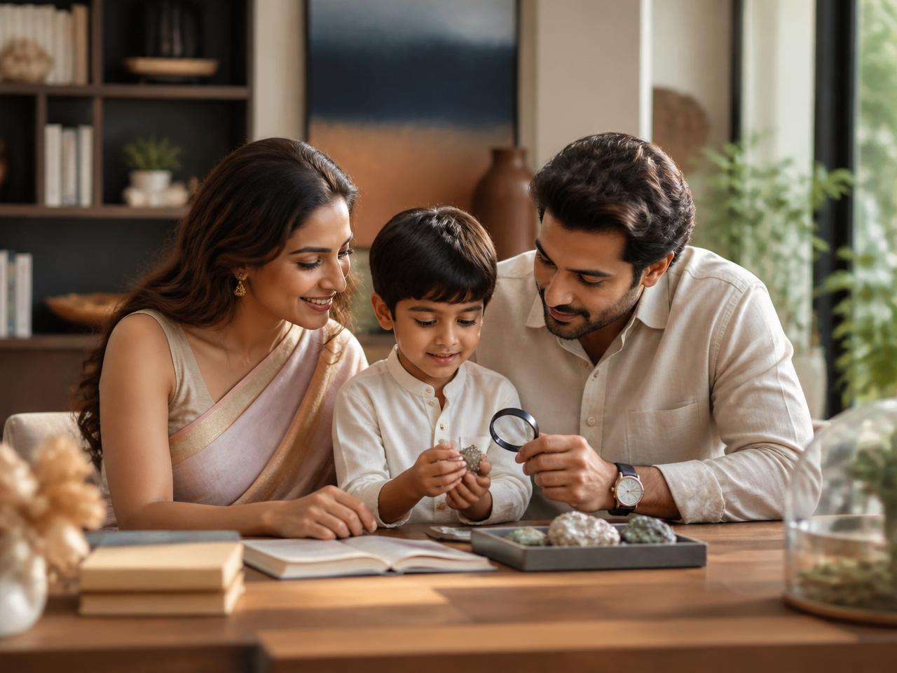 Affluent Indian parents exploring nature specimens with their young child at home